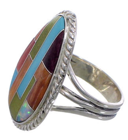 Multicolor Inlay Southwestern Silver Ring Size 8-1/2 EX50755
